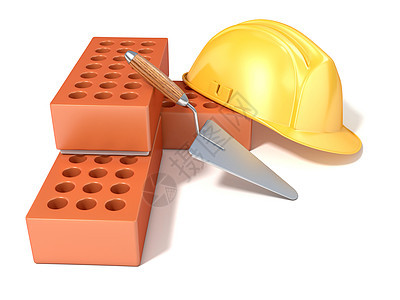 带圆孔砖和抹子的安全帽  3个工程房子财产建筑师工人平地机商业建造投资水泥图片