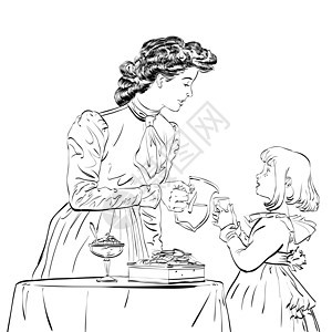 贵族母亲给女儿倒一杯果汁孩子们成人午餐孩子女性女士厨房家庭漫画口渴图片