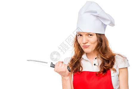 白色背景上一把利刃的女厨师肖像图片