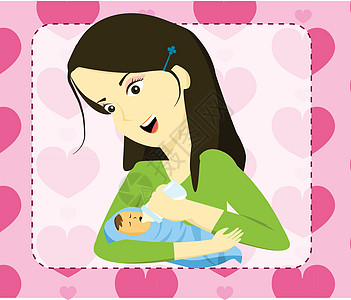 抱婴儿的母亲妈妈抱着她的孩子和奶瓶喂养男生新生女性婴儿母性牛奶宝贝幸福喜悦女士设计图片