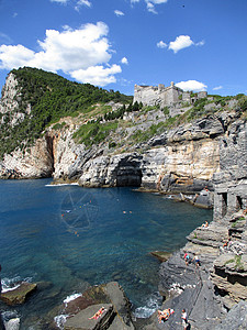 泼水的素材北波托韦内雷附近海岸和海面地平线树木假期岩石诗人海湾树叶乐趣游泳太阳背景