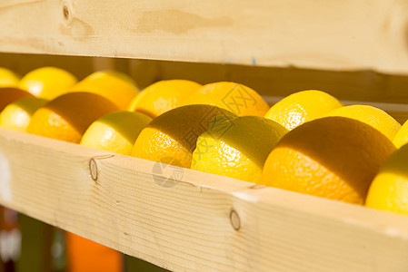 木箱中的新鲜橙子果汁团体木头热带花园太阳叶子农场饮食树林图片
