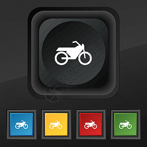摩托车图标符号 为您的设计设置黑色纹理上的五个彩色时尚按钮 韦克托图片