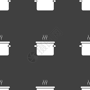 平底锅烹饪图标标志 灰色背景上的无缝模式 韦克托厨具黑色拼盘厨房白色餐厅按钮正方形厨师服务图片