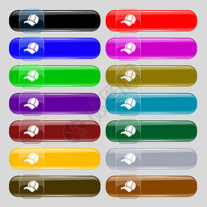 球帽图标标志 设置从十四个多彩多姿的玻璃按钮与文本的地方 韦克托图片