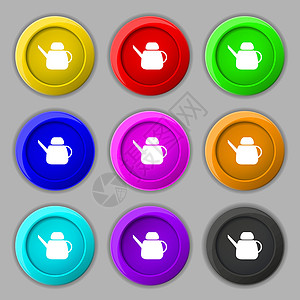 水壶图标标志 九个圆形彩色按钮上的符号 韦克托学位力量杯子餐具插图烹饪饮料厨房咖啡茶壶图片