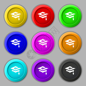 毕业图标标志 九个圆形彩色按钮上的符号 韦克托文凭学生教育大学插图仪式智力知识木板成功图片