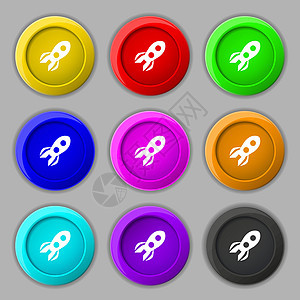火箭图标标志 九个圆形彩色按钮上的符号 韦克托发射艺术天文学宇宙星系人造卫星速度天空科学旅行图片