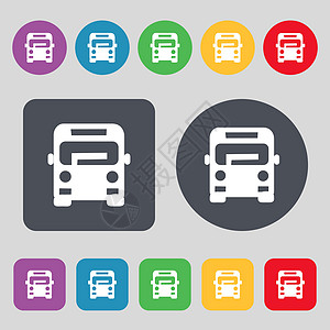 Bus 图标符号 一组有12色按钮 平面设计 矢量公共汽车交通运输网络正方形行李旅行互联网工人旅游图片
