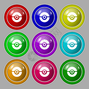 pokeball 图标符号 9圆彩色按钮上的符号 矢量游戏乐趣圆圈卡通片艺术插图派对多边形口袋妖怪技术图片