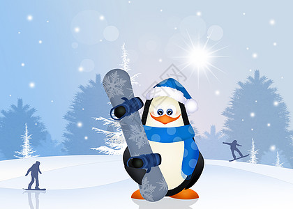 带雪板的企鹅插图哺乳动物滑雪板滑雪者围巾运动单板卡通片滑雪图片
