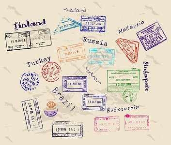来自9个国家的实际签证邮票图片