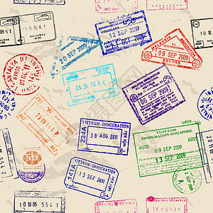 无缝纹理与真正的签证邮票边界异国海关护照游客部门国家安全入口情调图片