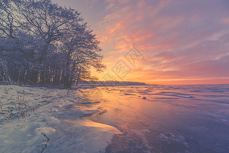 紫罗兰在冰冻湖上日出图片