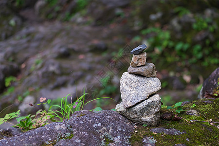 日本日元子运动绿色岩石公园植物美丽森林石头反射流动图片