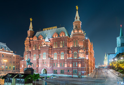 莫斯科国家历史博物馆和元帅Zhukov雕像 R旅行金子历史建筑中心旅游历史性博物馆蓝色艺术图片