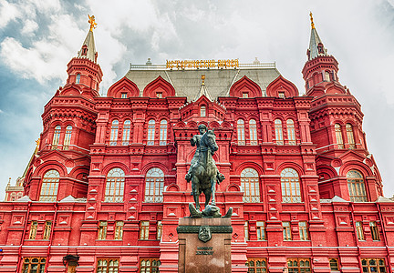 莫斯科国家历史博物馆和元帅Zhukov雕像 R艺术建筑纪念碑旅行中心地标博物馆旅游文化蓝色图片