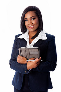 手持平板牌的成功的商业妇女微笑背景图片