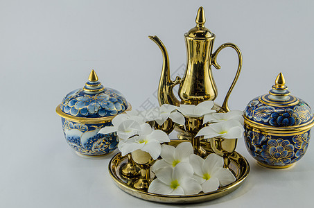 白种本雅龙白背景的梅花植物蓝色热带陶瓷植物群飞碟装饰品制品杯子花瓣图片