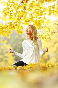 秋天公园的妇女冥想公园卫生叶子瑜伽女孩黄色保健女性森林图片