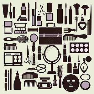 化妆品和化妆黑色和白色图标集它制作图案头发除臭剂眼影产品瓶子管子镜子女性卫生抛光图片