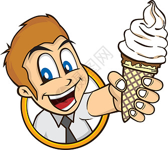 拿着冰淇淋的卡通男子发言人微笑成就金发女郎奶油播音员乐趣笑脸插图快乐图片