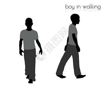 男孩在白色背景下行走姿势男生冒充男性剪影孩子插图黑色喧嚣流浪汉远足图片