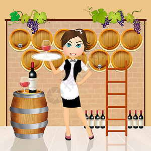 葡萄酒窖在葡萄园中的女孩快乐木桶酒厂液体酒精地窖啤酒贮存玻璃女士背景