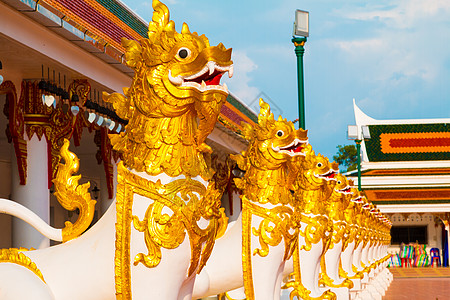 泰国泰国 Wat Pra的雕塑龙旅行传统宗教金子艺术蓝色教会寺庙旅游天空图片