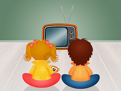 儿童在电视前看电视男生女孩孩子娱乐监视器时间游戏闲暇插图快乐图片