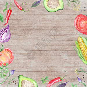 蔬菜水彩色菜单模板小样桌子沙拉寒冷饮食插图框架边界水彩玉米图片