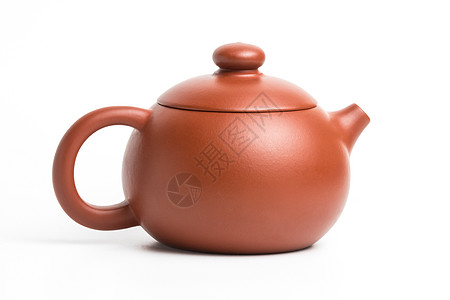 小棕色土器茶壶 有封闭盖子 在白色上隔离金子文化饮料植物食物健康芳香制品黏土茶碗图片