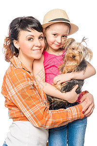 快乐的双亲家庭 和一只小狗约克郡泰里尔在白色面包上图片
