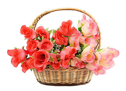 带花篮的篮子树叶手工花朵肉桂色丝绸宝石色花束照片花瓣玫瑰图片