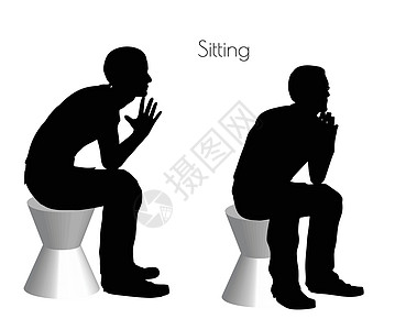男子坐在白色背景的坐姿男性冒充阴影姿势黑色剪影插图图片