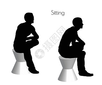男子坐在白色背景的坐姿冒充阴影黑色姿势男性剪影插图图片