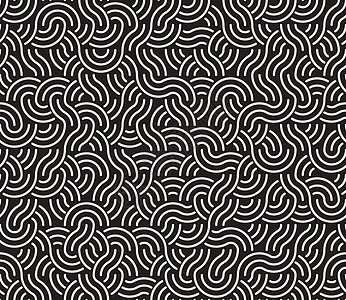 矢量无缝黑白不规则弧线几何图案风格格子打印蕾丝曲线纺织品装饰织物平行线流动图片