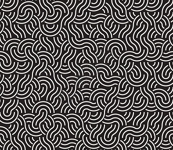 矢量无缝黑白不规则弧线几何图案风格格子打印蕾丝曲线纺织品装饰织物平行线流动背景图片
