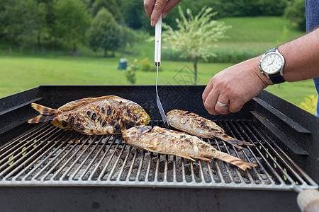 炸鱼在外门的Grill煤炭烹饪烧烤午餐后院镀金头火焰花园食物男人图片