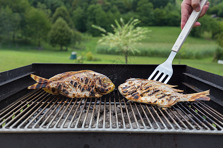炸鱼在外门的Grill车削男性烧烤火焰烹饪美食花园煤炭食物后院图片