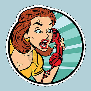 在旧电话上说话的漫画女讲话发型红色秘书女孩们头发家庭主妇艺术标签女士图片