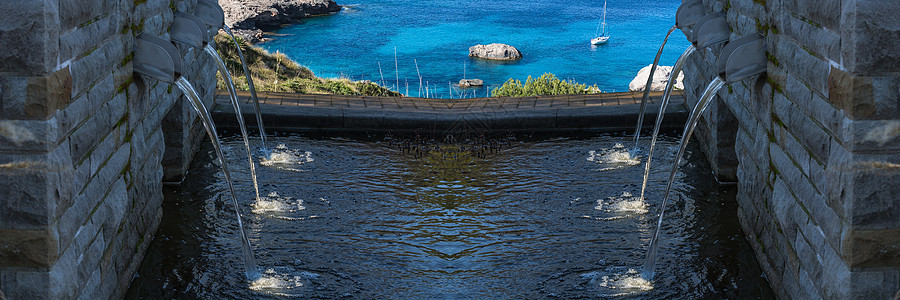 现代喷泉 有6个突出的排水点池塘建筑学中庭水景奢华建筑蓝色纪念碑栏杆热带图片