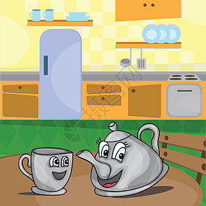 带 cu 的卡通水壶小猫早餐生活卷发幸福杯子艺术品草本植物陶器厨房图片