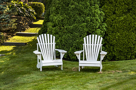 两张阿迪隆达克椅子花园椅花园红色红叶植物灌木白色木椅图片