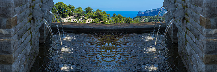 现代喷泉 有6个突出的排水点艺术品建筑石头池塘游泳池蓝色中庭花园奢华水景图片