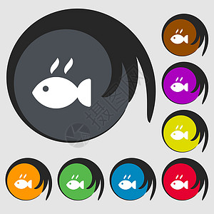鱼盘图标符号 8个彩色按钮上的符号 矢量图片