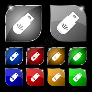 usb 图标符号 一组有光亮的十色按钮 矢量图片