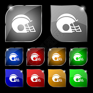 足球头盔图标标志 套与强光的十个五颜六色的按钮 韦克托工人面具橄榄球字形承包商团队艺术夹子运动工作图片