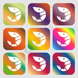 虾海鲜图标标志 九个带有明亮渐变的按钮 设计精美 韦克托图片