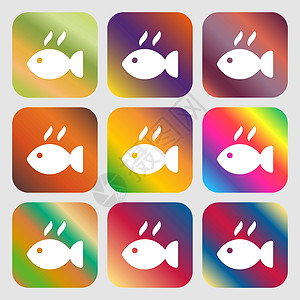 鱼菜图标标志 九个带有明亮渐变的按钮 设计精美 韦克托图片